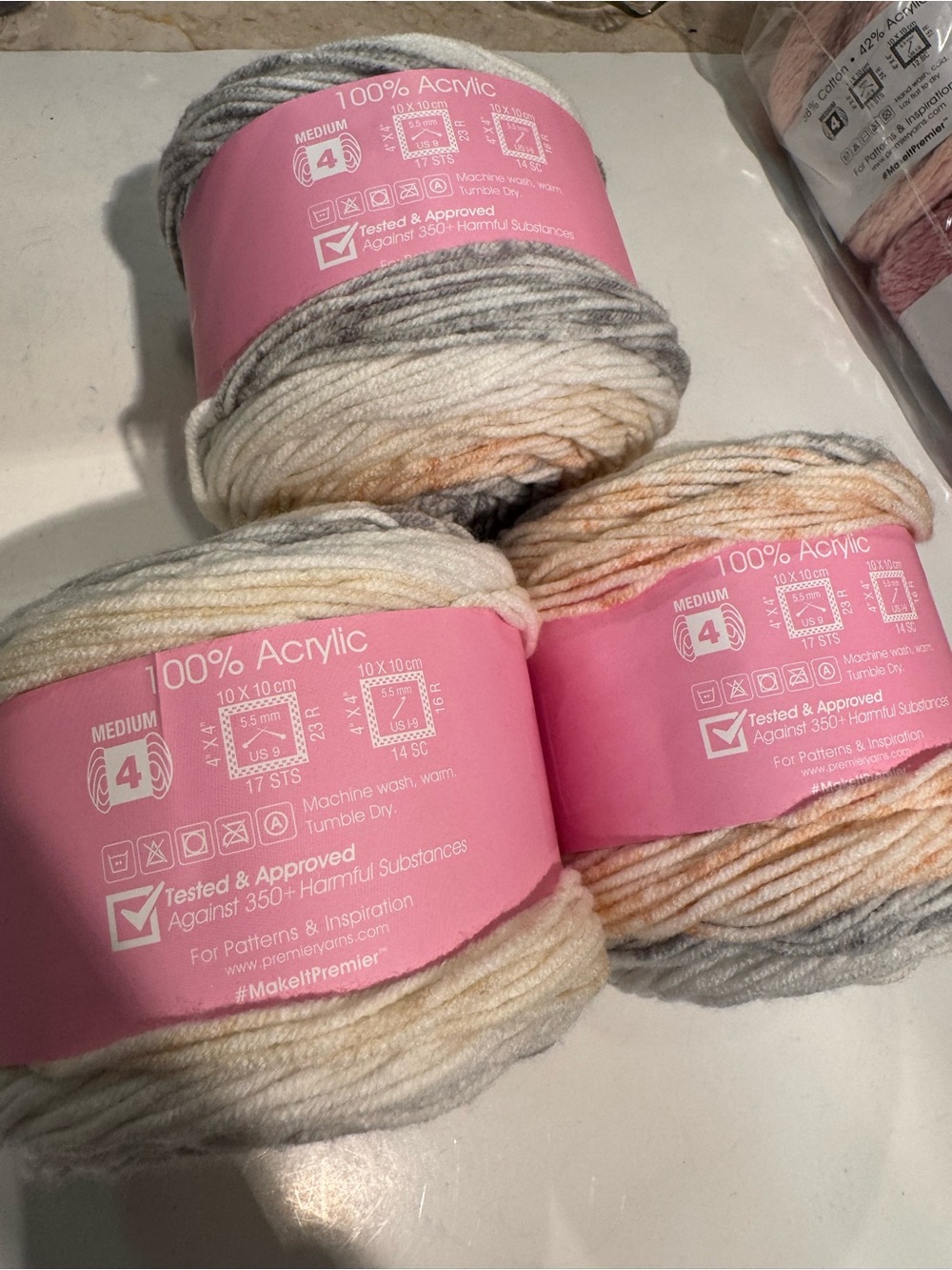 Premier Sweet Roll Frostie Yarn - White, Gray, Peach. Lot of 3 - Picture 2 of 3